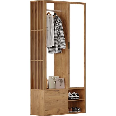Garderobenschrank mit 2 Schränken und Spiegel, 9 Stauräume, Klapptür, Minimalistisches Design, aus Spanplatte, Natur, 100×33×190 cm (1/5)