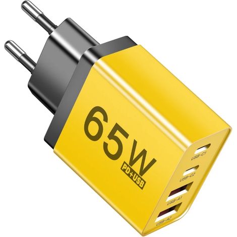 Chargeur rapide 65 W avec 2 ports USB-C et 2 ports USB-A. Texture plastique pour une charge rapide de divers appareils.