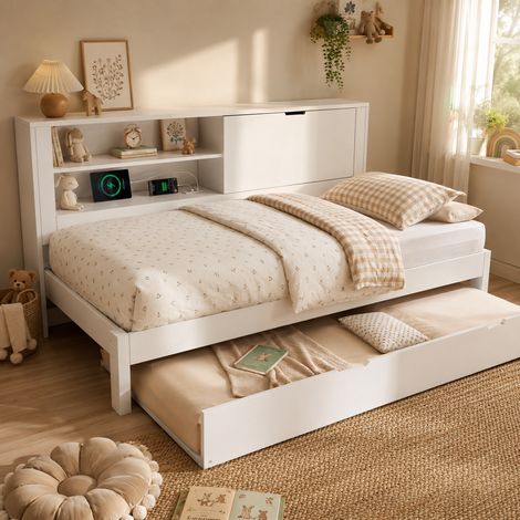 AMXCNOY Canapé-lit 1 pl. 90x190 cm + gigogne 90x190 cm, cadre blanc, rangement, charge USB/USB-C, sommier lattes, sans matelas