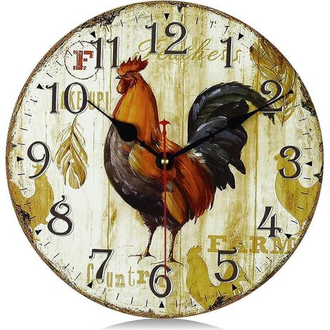 Horloge murale coq en bois, silencieuse (sans tic-tac), 30 cm, à piles, style vintage shabby chic, rustique, idéale pour la cuisine ou la chambre.