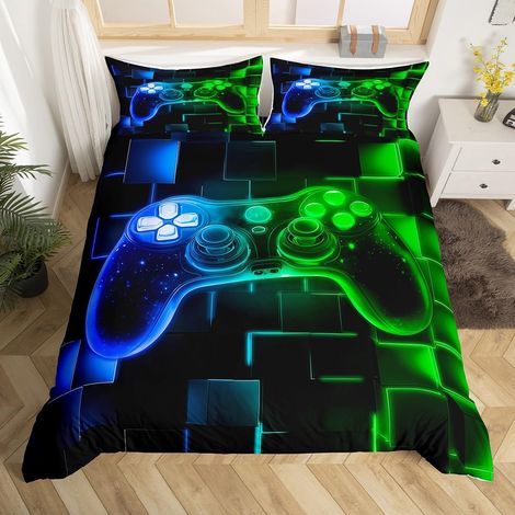 Housse de Couette 140x200 Enfant Gaming Bleu Vert, Parure de Lit Ado Garcon Gamer Decoration Chambre Gaming, Sets de Housses de Couettes Jeux Vidéo, Couvre Lit Carrée Géométrique Néon - 140x200cm + 1 (1/5)