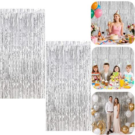 Rubans décoratifs en 2 pièces Ruban à pompons Rideaux de porte à franges Fond métallisé (1 m x 2 m Argent) (1/5)