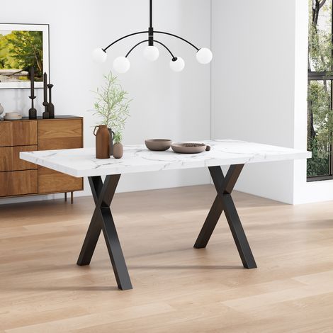 Tavolo da pranzo 140 x 80 x 76 cm effetto marmo bianco, gambe incrociate nere HAVRYA (1/5)