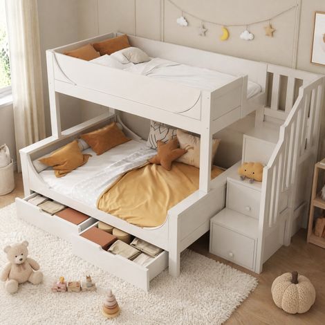 Letto a castello 253x148x150 cm, a forma di slitta, con armadio scala e cassetti, legno e metallo, bianco (1/5)