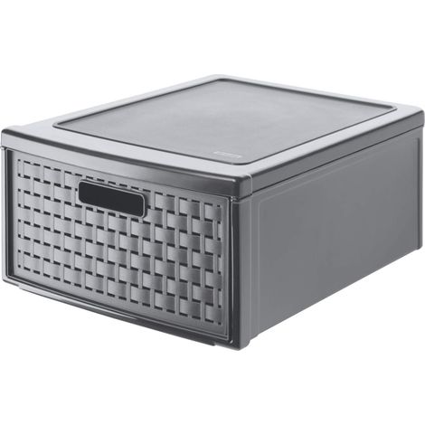 Rotho Country Cassettiera con 1 Cassetto in Rattan, Plastica (PP) senza BPA, Grigio (Antracite), Grande/19.2 L, 45.0 x 34.0 x 20.0 cm (1/4)