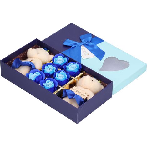 Ours en peluche en imitation savon avec fleur, joli coffret cadeau pour la Saint-Valentin, la fête des mères, décoration de mariage (bleu) (1/5)