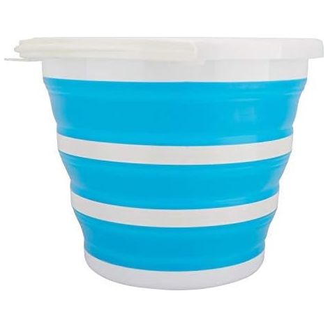 Seau pliable Housolution, 10 L (2,65 gal), récipient portable et pliable pour la randonnée, le camping, la pêche, les voyages, le jardinage et les activités de plein air, bleu et blanc.