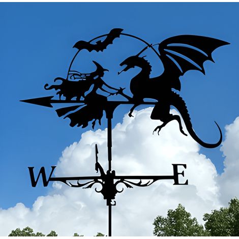 Weather Vane - Witch And Flying Dragon Shape - Metal Roof Or Ground Mount Wind Direction Indicator - Outdoor Garden Decoration - 1 Piece (1/3)