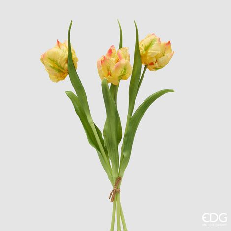 EDG Enzo De Gasperi Bouquete Tulipano Parrot X3 H 40 Cm con Bocciolo Giallo Chiaro