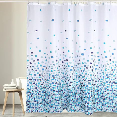 Rideau de douche en polyester imperméable Motif mosaïque bleu et blanc 12 crochets en plastique inclus (300 x 200 cm) Rideau de salle de bain résistant à la moisissure (1/5)