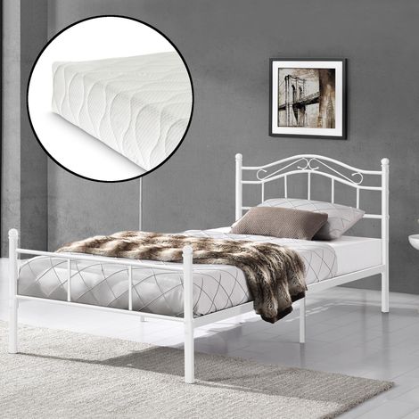Letto Piazza e Mezza Florenz in Acciaio con Testiera Decorativa e Materasso 120 x 200 cm Bianco [en.casa] (1/5)