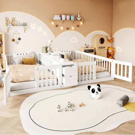 Lit enfant 90x200 cm, deux couchages séparés avec rangement intégré, barrières de sécurité, bois - blanc (1/5)