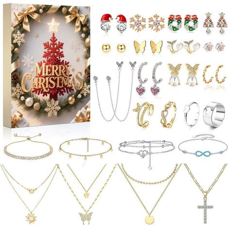 Calendrier de l’Avent Noël 2026, coffret de bijoux avec boucles d’oreilles, collier et bracelet, 24 surprises, boîte sapin rouge, cadeau de Noël (1/2)