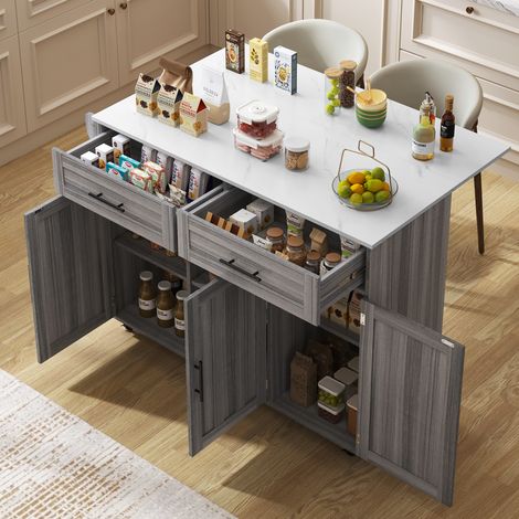 CHICFURN Isola da cucina 129x46x91,5 cm in MDF grigio e bianco con piano pieghevole (1/5)