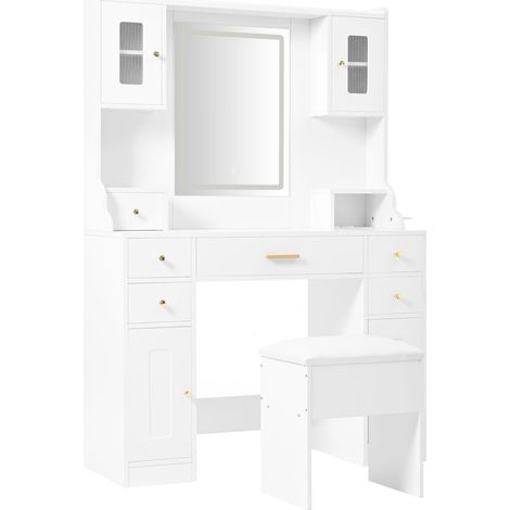 Grande coiffeuse avec éclairage LED réglable et prises, coiffeuse avec miroir, 6 tiroirs et 4 portes pour la chambre, blanc, dimensions 105×152×40 cm (B×H×T) (1/5)