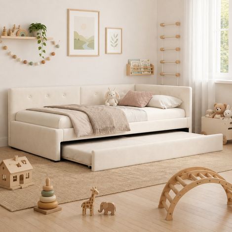 Cama nido 90x200 cm con cama extraíble, somier y cabecero de terciopelo beige de estilo minimalista, para dormitorio juvenil y espacios pequeños – CHICFURN (1/5)