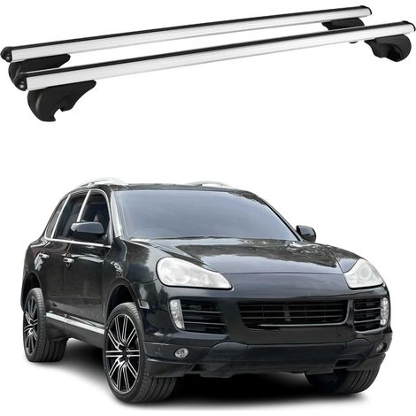 OMAC Barres de toit en aluminium pour Porsche Cayenne I 2003-2010 – TÜV / DIN 75302:2019 – Antivol inclus – Charge max 75 kg – 2 barres Argent (1/4)