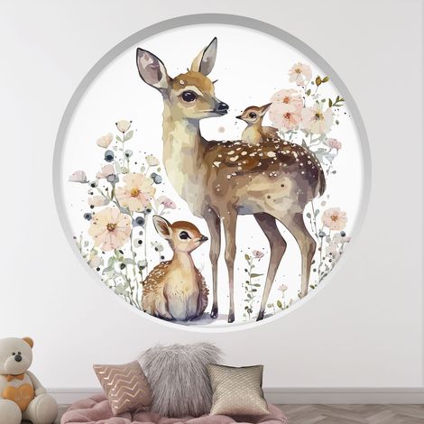 Stickers Trompe l'oeil Arche ronde Enfants - Faon et ses petits - Diamètre 50 cm (1/4)
