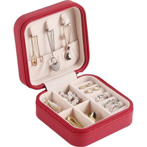 Reise-Schmuckkästchen, kleines, tragbares Schmuckkästchen, Reise-Organizer, Aufbewahrungsbox, Ring, Ohrringe, Halskette, Armband, Geschenk für Damen und Mädchen, rot (1/5)