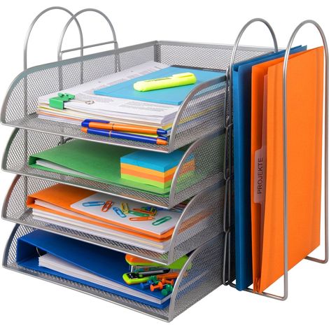 Relaxdays Briefablage, Metall, A4, 4 Fächer, 2 Stehsammler, HxBxT: 33 x 40,5 x 33,5 cm, Schreibtisch Organizer, silber