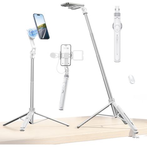145 cm Smartphone-Stativ, magnetischer Selfie-Stick mit Fernbedienung, Vlog-Handy mit 2-in-1-Handyhalterung, 2 Blitzschuhhalterungen, Stativ kompatibel mit iPhone/Samsung (Weiß) (1/5)