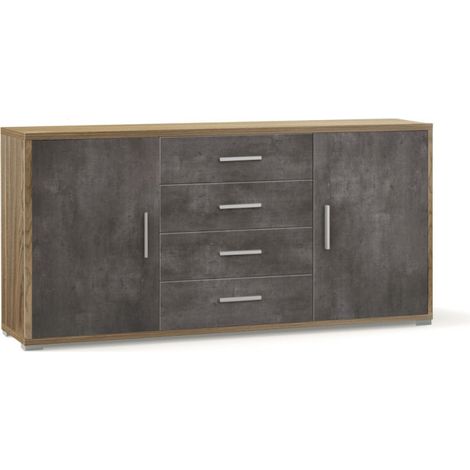 Meuble 2 portes, 4 tiroirs, 174 cm (L) x 41 cm (P) x 84 cm (H), finition noyer et noir mat, Sarmog (1/3)