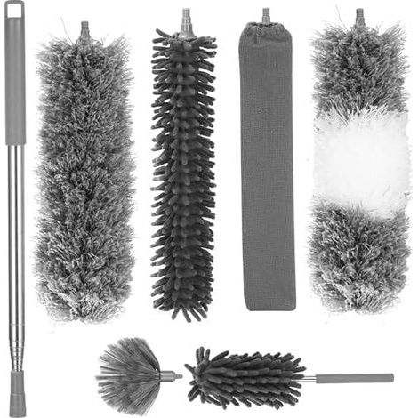 7 Piezas Pluma Telescópico, Cabeza de Lobo Telescópica Longitud Máxima 27-256 cm, Pluma Lavable de Microfibra, Pluma para Polvo Telescópica para Ventilador de Techo, Telaraña (Gris) (1/5)