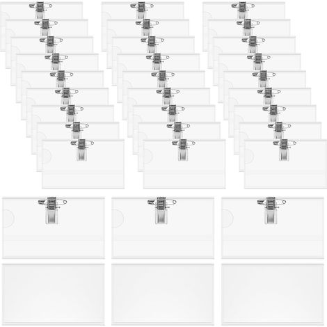 Confezione da 24 targhette nominative per abbigliamento - 9 x 5,7 cm - PVC - Trasparenti - Con clip e spilla - Per scuola, lavoro, conferenze, viaggi (1/5)