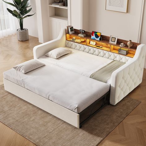 Schlafsofa 90x190 cm beige aus Samt mit Ausziehbett, Stauraum-Kopfteil, LED und USB-Anschluss (1/5)