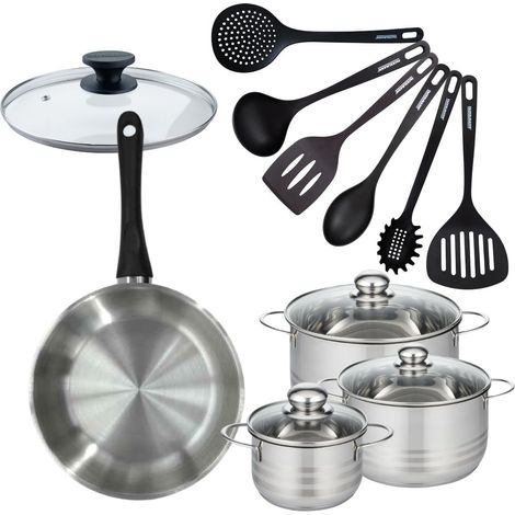 Set de 1 poêle 28 cm en inox, couvercle verre, 3 faitouts inox 16, 20 et 24 cm et 6 ustensiles RPET Fackelmann Geneva (1/5)