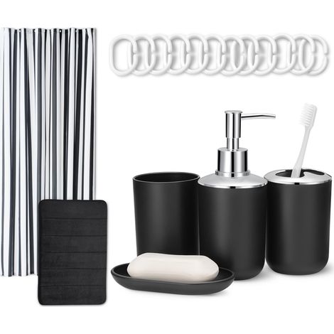 Set d'Accessoires Salle de Bain : Rideau de Douche avec Crochets, Tapis de Bain Memory Foam, Distributeur de Savon, Porte-Savon, Porte-Brosse à Dents (1/5)