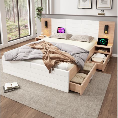 Letto matrimoniale 140x200 cm in legno bianco con contenitore integrato, senza materasso – MEUBLIV (1/5)