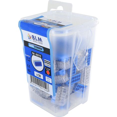 Boîte de 50 connecteurs auto-transparents 12 entrées bleue clair – Pour fils rigides et semi-rigides 0,5 à 2,5mm² – Boîtes réutilisables – BLM