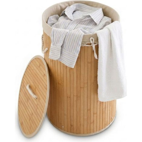 3 Cestos Ropa Sucia con Tapa, Redondo, Cubo Colada, Canasta Plegable, Bambú, 70 L, Ø 41 cm, Color Crema