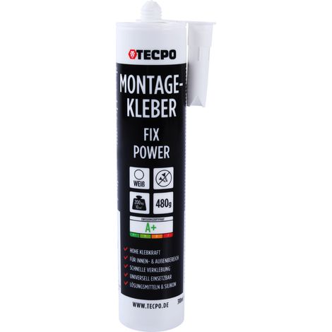 TECPO Montagekleber Fix Power, 480g Universal Baukleber Kartuschen Kraftkleber 200kg 10 cm² für Akustikpaneele, Styropor, Sockelleite Innen und Außen schnelle Verklebung ohne Grundierung