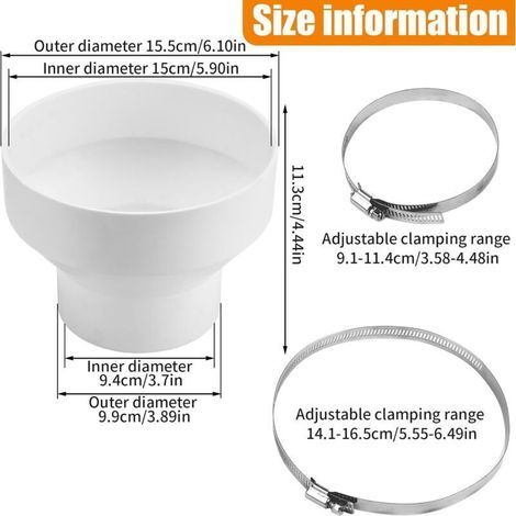 Adaptateur réducteur pour conduits d'air 150-100 mm avec 2 colliers en acier inoxydable, connecteur tuyau ventilation rond (1/5)