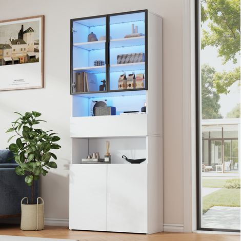 Vetrina 70 x 30 x 200 cm con ante in vetro, cassetto e LED, bianco HAVRYA (1/5)