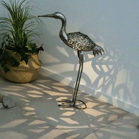Gartendeko Figuren LED Figuren für Garten Gartendeko Tiere für Außen Balkon Figuren Terrasse Deko, Kranich Metall, grau, LxH 29 x 77 cm (1/5)