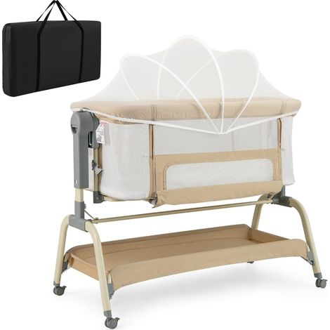 Lit bébé beige 4-en-1 avec moustiquaire et matelas, 6 hauteurs réglables et roulettes verrouillables pour chambre et voyage