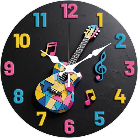 Horloge Murale Ronde à Motif Mosaïque Colorée 3D 12cm sans Tic Tac Style Guitare à Piles pour Chambre Salon Cuisine Bureau (1/5)