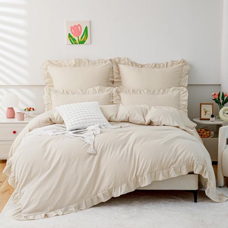 Parure de lit à volants 155 x 220 cm pour fille - En microfibre douce - Housse de couette beige douce avec fermeture éclair - Taie d'oreiller 80 x 80 cm (1/5)