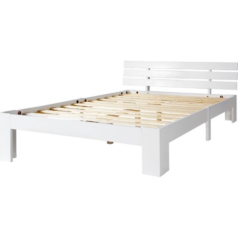 Lit double 140 x 200 cm en bois de pin blanc avec tĂŞte de lit et sommier Ă lattes HOMVRA (1/5)