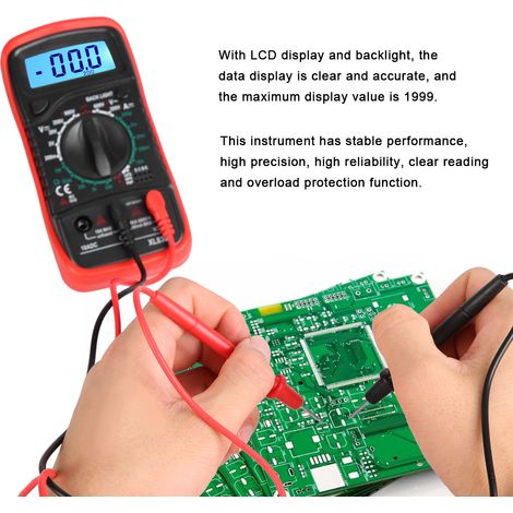 Multimètre numérique portable XL830L avec écran LCD, voltmètre, ampèremètre, ohmmètre et testeur de courant et de tension (rouge). (1/4)