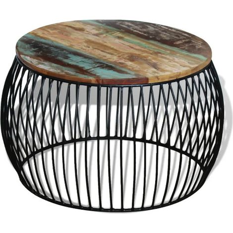 Table basse ronde bois massif recyclé foncé et métal noir Boust (1/3)