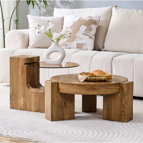 Mesa de centro redonda MDF efecto madera y vidrio marrón, set 2 en 1 Ø 61 cm