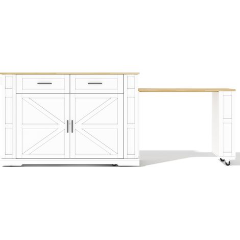 Isla de cocina extensible 130 x 50 x 93 cm con tomas, 2 cajones, MDF, blanco roble (1/5)