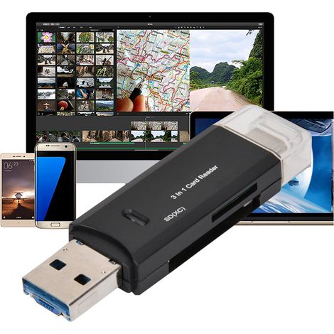 Lecteur de Cartes USB C 3 en 1, Transfert Rapide pour Smartphone et PC (Noir) (1/5)