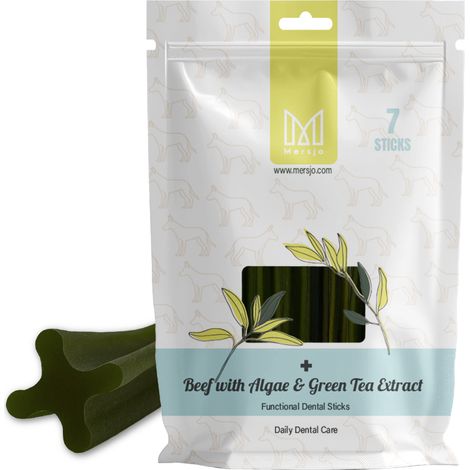 Snack dentale per cani - manzo con alghe ed estratto di tè verde (7 bastoncini)