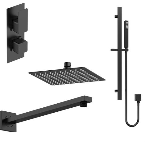 Balterley Empire Modern Square 2 Outlet Shower Valve, Head, Wall Arm and Slide Rail Handset Bundle - Black
