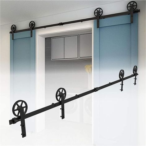 Kit de quincaillerie pour porte de grange Rails de porte de grange coulissante et Guide de sol de 4 à 12 pieds, système de suspension à grandes roues noires, Kits de quincaillerie for porte Double Fac (1/5)